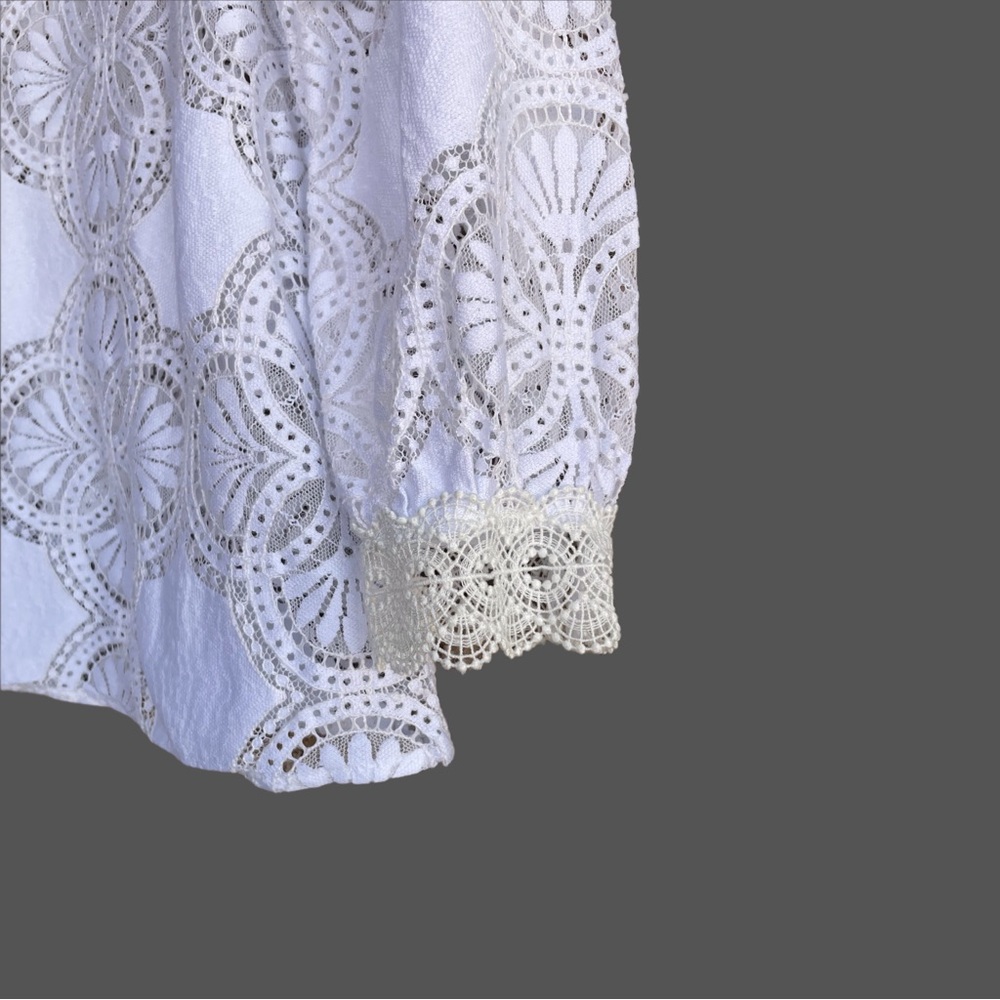 SEZANE White Lace Openwork High
Neck Eyelet Ruffle Button Back Bacall Blouse Top - Picture 10 of 17